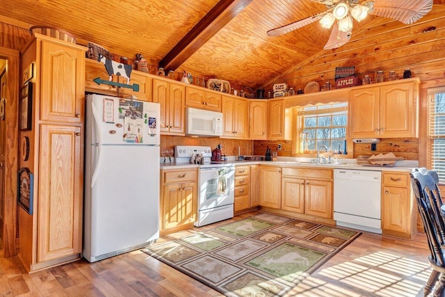 1644 Long Branch Hill Rd, Ferrum, VA 24088 - kitchen with white appliances, light wood-type flooring, light countertops, wood ceiling, and a sink