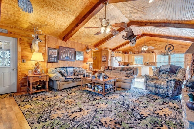 1644 Long Branch Hill Rd, Ferrum, VA 24088 - living room with a ceiling fan, light wood-style flooring, wooden walls, and wood ceiling