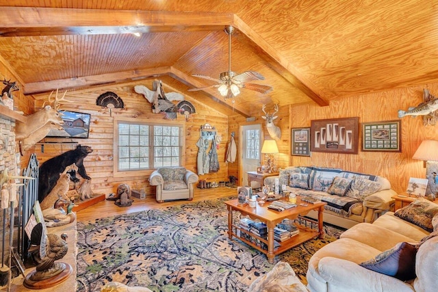 1644 Long Branch Hill Rd, Ferrum, VA 24088 - living area featuring wood finished floors, wood ceiling, wooden walls, ceiling fan, and a fireplace