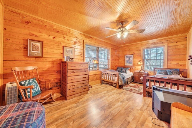 1644 Long Branch Hill Rd, Ferrum, VA 24088 - bedroom featuring wood ceiling, wooden walls, light wood-style floors, and a ceiling fan