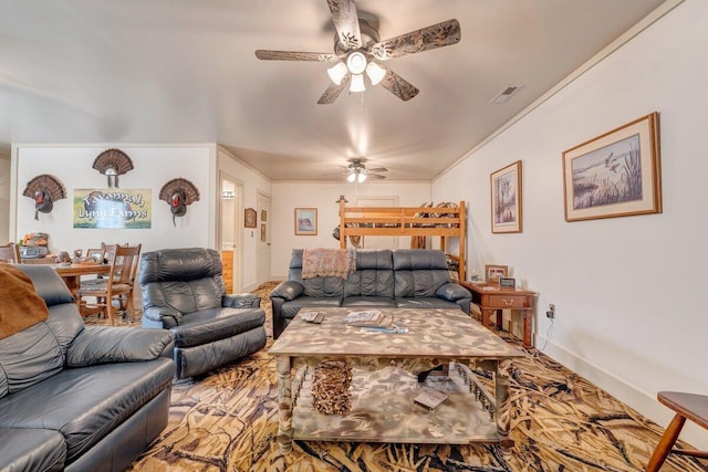 1644 Long Branch Hill Rd, Ferrum, VA 24088 - living room featuring a ceiling fan, baseboards, and crown molding