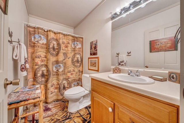 1644 Long Branch Hill Rd, Ferrum, VA 24088 - full bathroom with toilet, ornamental molding, vanity, and curtained shower