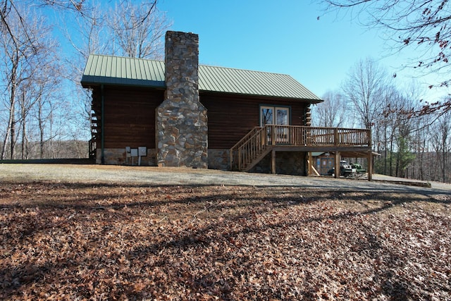 1644 Long Branch Hill Rd, Ferrum, VA 24088 - rear view of property featuring a wooden deck, a chimney, stairs, metal roof, and log exterior