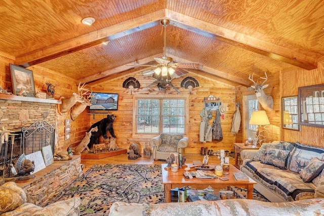 1644 Long Branch Hill Rd, Ferrum, VA 24088 - living room featuring wooden walls, wood finished floors, wood ceiling, ceiling fan, and a fireplace with raised hearth