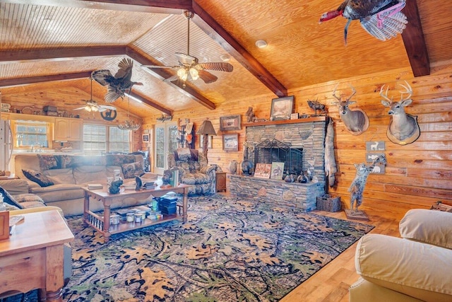 1644 Long Branch Hill Rd, Ferrum, VA 24088 - living area featuring wood-type flooring, wooden walls, wooden ceiling, ceiling fan, and a fireplace