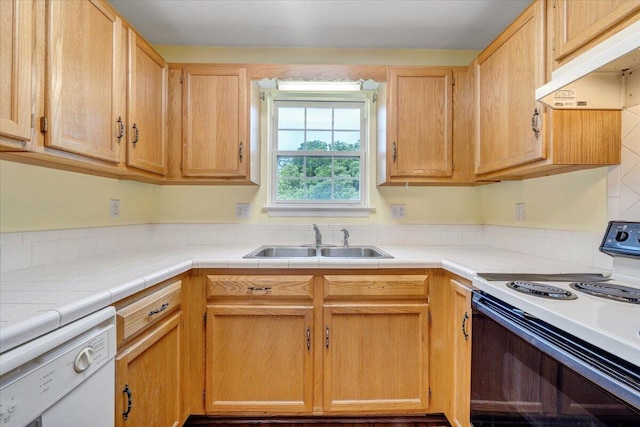 715 N Stonewall St, Salem, VA 24153 - kitchen featuring range with electric stovetop, white dishwasher, under cabinet range hood, tile counters, and light brown cabinetry
