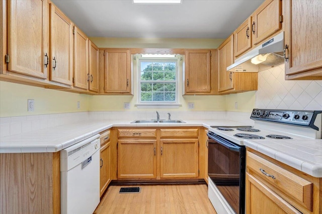 715 N Stonewall St, Salem, VA 24153 - kitchen with electric stove, white dishwasher, under cabinet range hood, light wood-style floors, and decorative backsplash