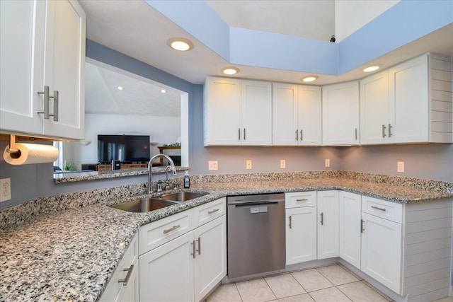 285 Dixon Dr, Hardy, VA 24101 - kitchen featuring dishwasher, a sink, white cabinetry, recessed lighting, and light stone counters