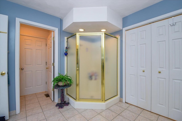 285 Dixon Dr, Hardy, VA 24101 - bathroom featuring a closet, a stall shower, and tile patterned floors