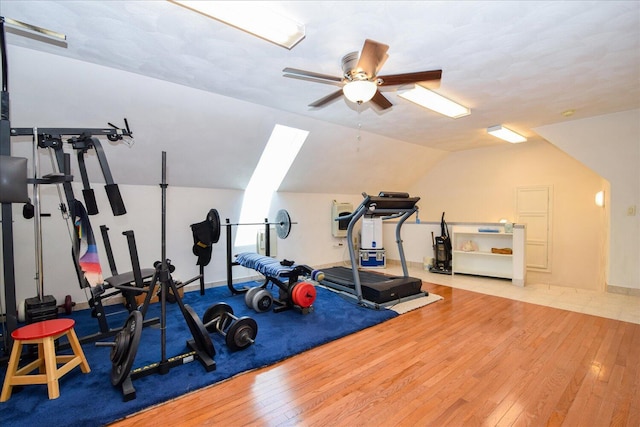 285 Dixon Dr, Hardy, VA 24101 - workout room featuring a ceiling fan, hardwood / wood-style floors, and vaulted ceiling