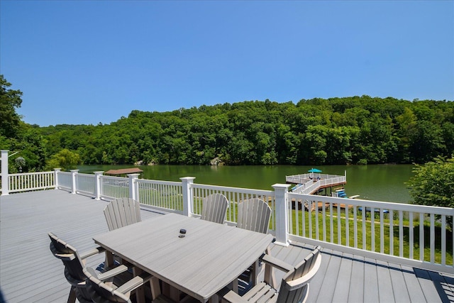 285 Dixon Dr, Hardy, VA 24101 - deck with a water view, a view of trees, a floating dock, and outdoor dining space