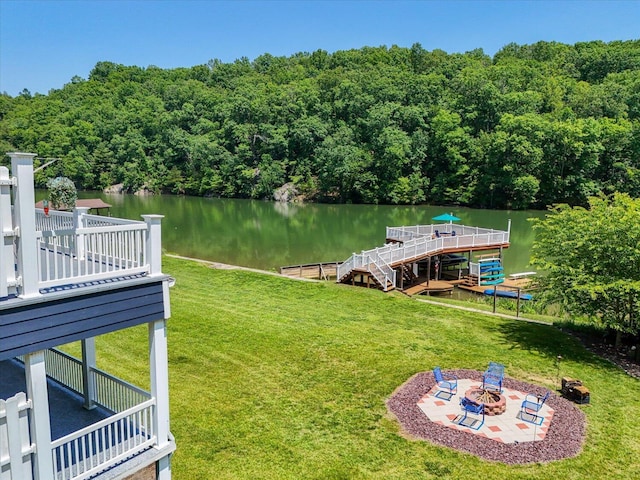 285 Dixon Dr, Hardy, VA 24101 - view of grassy yard featuring a water view, an outdoor fire pit, a patio area, and a view of trees