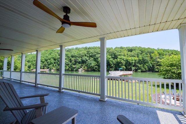 285 Dixon Dr, Hardy, VA 24101 - view of patio / terrace with a water view, ceiling fan, and a view of trees