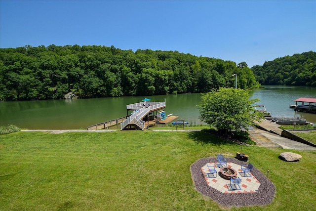 285 Dixon Dr, Hardy, VA 24101 - dock with a water view, an outdoor fire pit, a forest view, and a yard