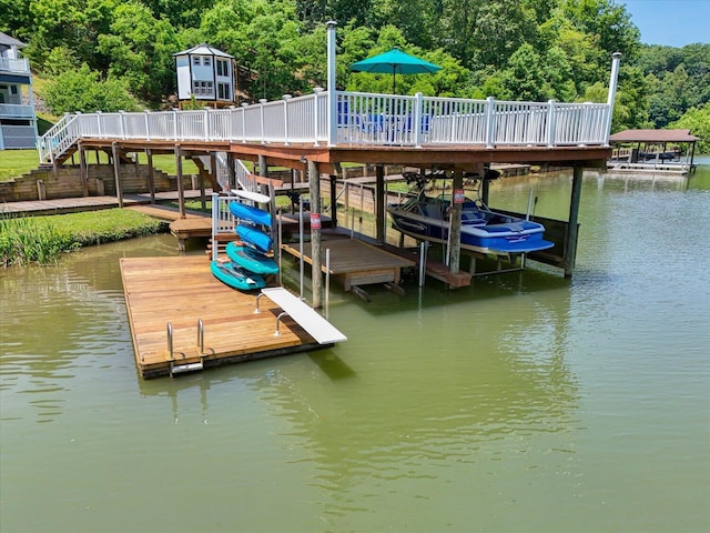 285 Dixon Dr, Hardy, VA 24101 - dock featuring boat lift, a water view, and a forest view