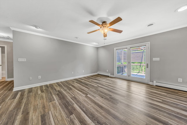 395 Middle Valley Rd, Hardy, VA 24101 - spare room with a baseboard heating unit, ceiling fan, wood finished floors, ornamental molding, and baseboards
