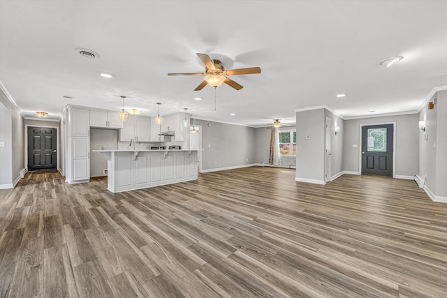 395 Middle Valley Rd, Hardy, VA 24101 - unfurnished living room featuring ceiling fan, baseboards, recessed lighting, ornamental molding, and wood finished floors