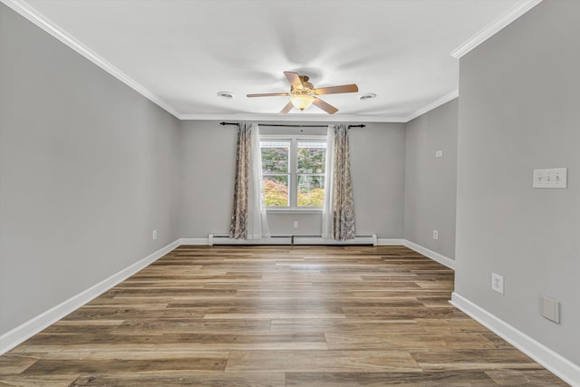 395 Middle Valley Rd, Hardy, VA 24101 - unfurnished room featuring baseboard heating, a ceiling fan, crown molding, baseboards, and wood finished floors