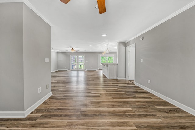 395 Middle Valley Rd, Hardy, VA 24101 - unfurnished living room featuring a ceiling fan, recessed lighting, baseboards, dark wood-style flooring, and ornamental molding