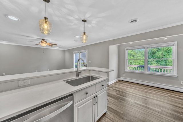 395 Middle Valley Rd, Hardy, VA 24101 - kitchen featuring a sink, dishwasher, a baseboard radiator, decorative light fixtures, and light countertops