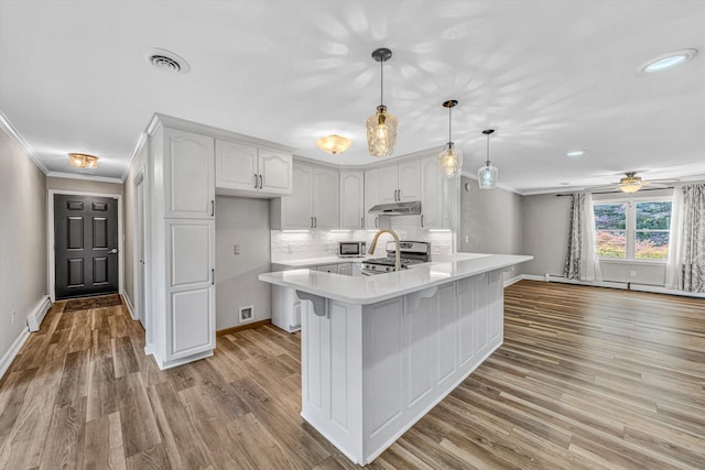 395 Middle Valley Rd, Hardy, VA 24101 - kitchen with under cabinet range hood, gas range, ornamental molding, light countertops, and white cabinets