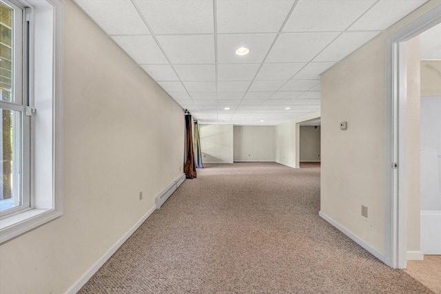 395 Middle Valley Rd, Hardy, VA 24101 - corridor featuring a baseboard radiator, carpet flooring, baseboards, a paneled ceiling, and recessed lighting