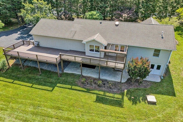 395 Middle Valley Rd, Hardy, VA 24101 - back of house with a wooden deck, a patio, a yard, and a shingled roof