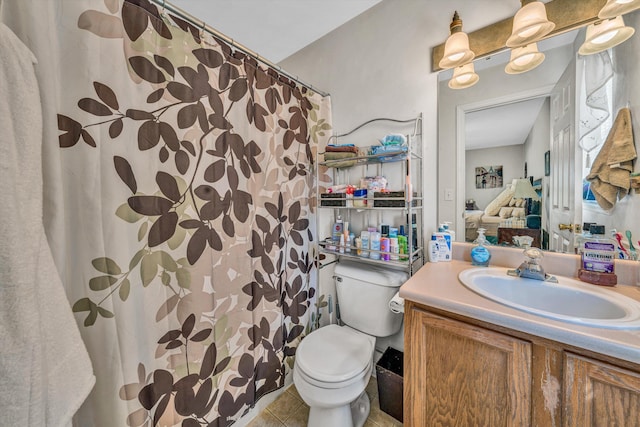 6131 Carolina Trl, Roanoke, VA 24019 - bathroom featuring toilet, vanity, tile patterned flooring, and a shower with shower curtain