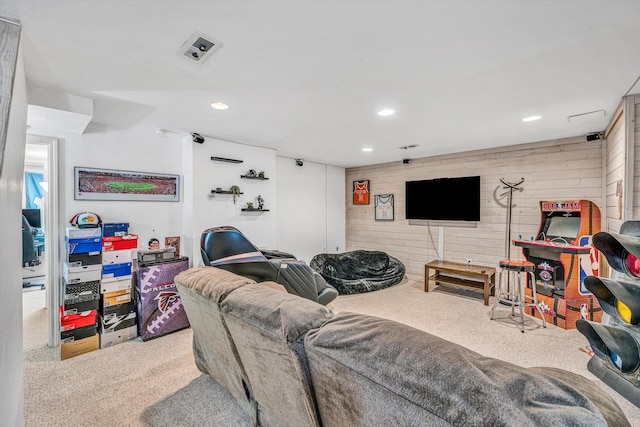 6131 Carolina Trl, Roanoke, VA 24019 - living room featuring carpet flooring, wood walls, and recessed lighting