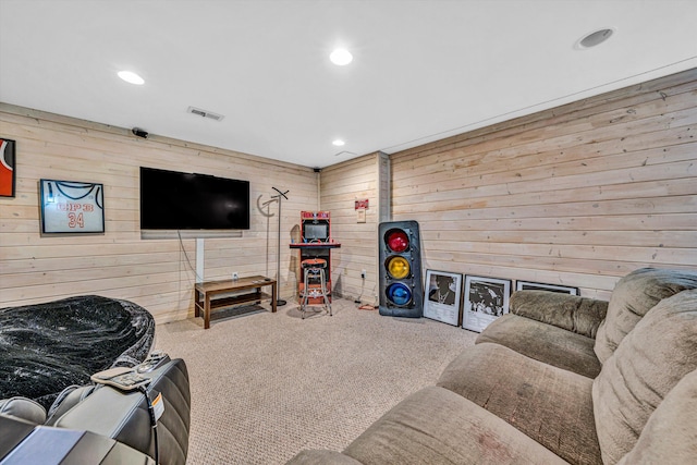 6131 Carolina Trl, Roanoke, VA 24019 - living area with wood walls, carpet floors, and recessed lighting