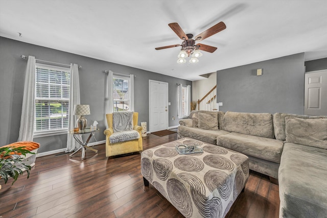 6131 Carolina Trl, Roanoke, VA 24019 - living room with stairway, hardwood / wood-style floors, baseboards, and ceiling fan