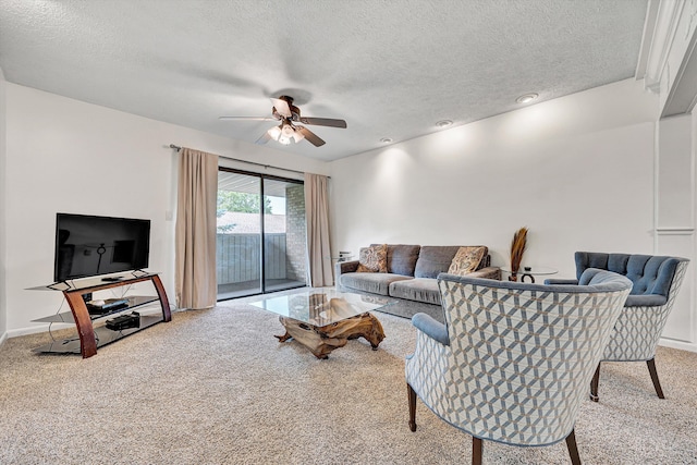 5260 Crossbow Cir Unit 9E, Roanoke, VA 24018 - carpeted living room with a ceiling fan, a textured ceiling, and recessed lighting