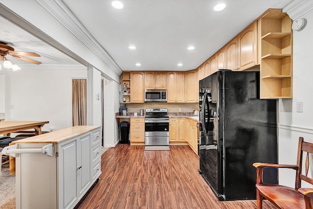5260 Crossbow Cir Unit 9E, Roanoke, VA 24018 - kitchen featuring stainless steel appliances, open shelves, crown molding, light countertops, and wood finished floors