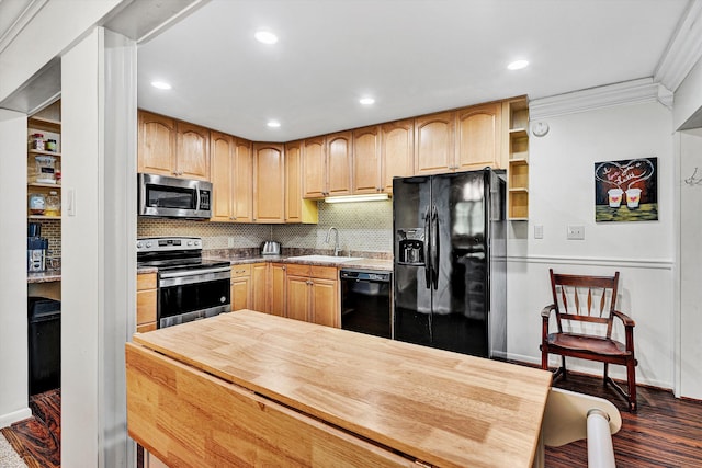 5260 Crossbow Cir Unit 9E, Roanoke, VA 24018 - kitchen with black appliances, a sink, crown molding, dark wood-style flooring, and tasteful backsplash