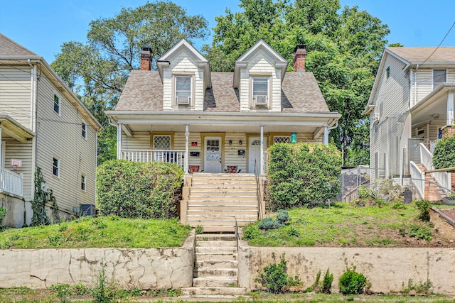 605 6th St SE, Roanoke, VA 24013 - view of front of property with a chimney, stairway, covered porch, and a shingled roof