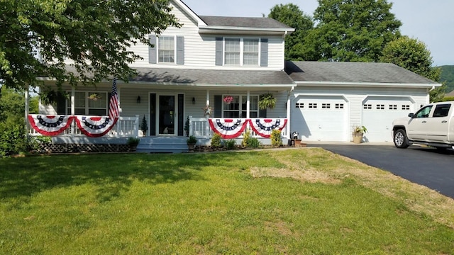 5348 Huntridge Rd, Roanoke, VA 24012 - view of front of house with a porch, a garage, driveway, a front lawn, and roof with shingles
