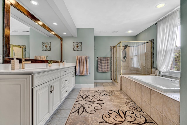 6355 Juliet Ct, Roanoke, VA 24018 - bathroom with vanity, a bath, a shower stall, recessed lighting, and baseboards
