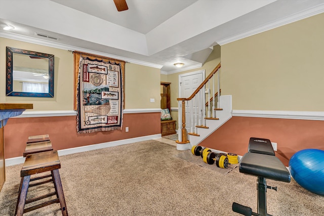 6355 Juliet Ct, Roanoke, VA 24018 - exercise area with crown molding, ceiling fan, baseboards, and carpet flooring