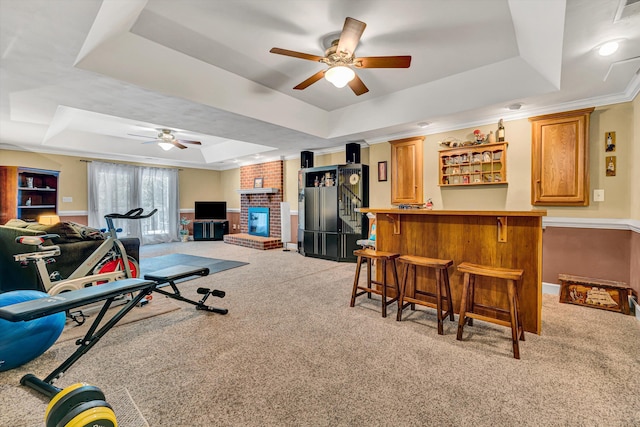 6355 Juliet Ct, Roanoke, VA 24018 - workout room with a raised ceiling, ceiling fan, carpet, a bar, and baseboards