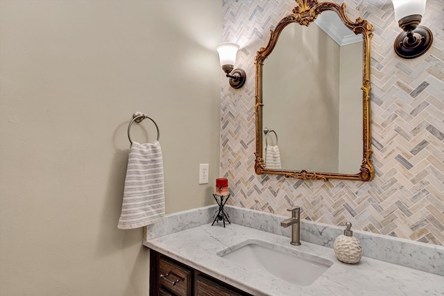 6355 Juliet Ct, Roanoke, VA 24018 - bathroom featuring vanity, ornamental molding, and decorative backsplash