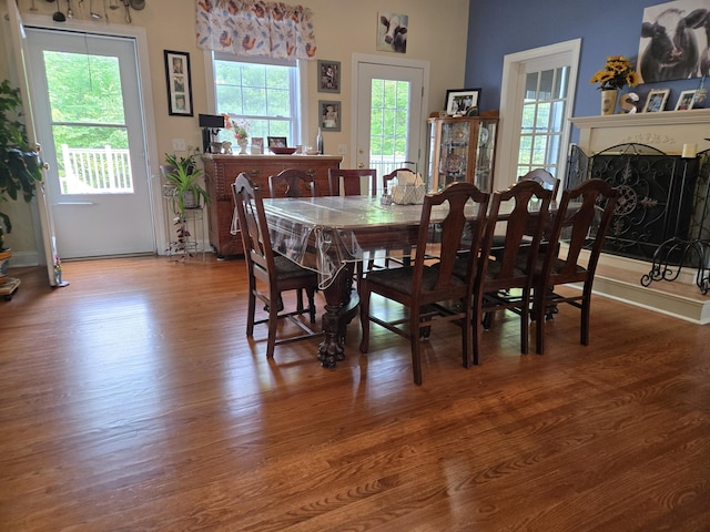 6733 Floyd Hwy S, Willis, VA 24380 - dining space with plenty of natural light, wood finished floors, a fireplace with raised hearth, and baseboards