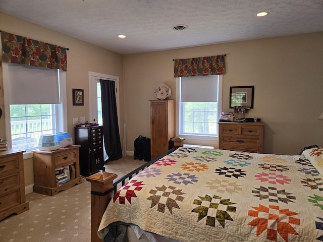 6733 Floyd Hwy S, Willis, VA 24380 - bedroom with multiple windows, light colored carpet, recessed lighting, a textured ceiling, and baseboards