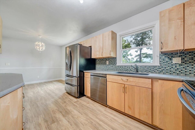 3271 Rasmont Rd, Roanoke, VA 24018 - kitchen with appliances with stainless steel finishes, light brown cabinetry, a sink, and backsplash