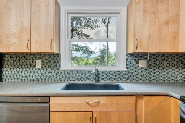 3271 Rasmont Rd, Roanoke, VA 24018 - kitchen featuring stainless steel dishwasher, a sink, light brown cabinets, and backsplash