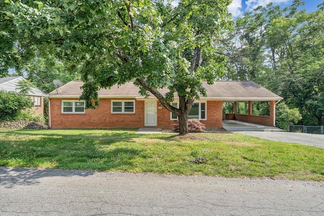 3271 Rasmont Rd, Roanoke, VA 24018 - ranch-style home with asphalt driveway, brick siding, a front lawn, and an attached carport