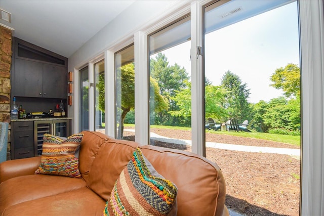 569 Sprinkle Rd, Fincastle, VA 24090 - doorway featuring lofted ceiling, a bar, wine cooler, and healthy amount of natural light