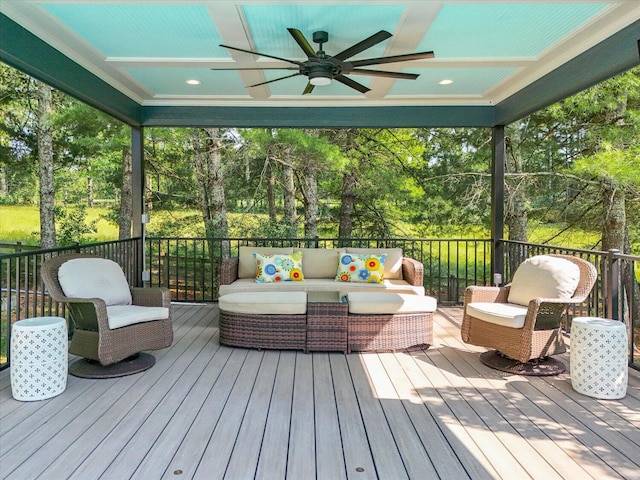 569 Sprinkle Rd, Fincastle, VA 24090 - wooden terrace featuring an outdoor living space, ceiling fan, and view of scattered trees