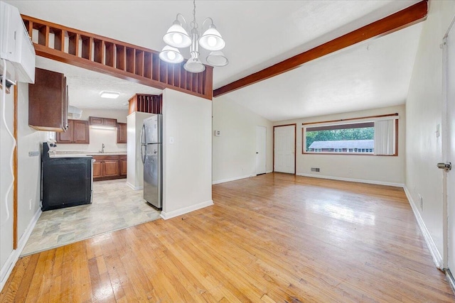 1046 Silverwood Rd NW, Roanoke, VA 24017 - kitchen featuring freestanding refrigerator, a chandelier, range with electric stovetop, light wood-type flooring, and light countertops