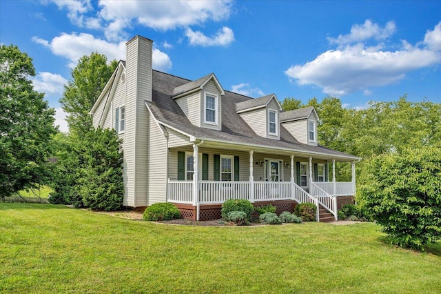 201 Jay Ridge Rd, Cloverdale, VA 24077 - cape cod-style house featuring covered porch, a front yard, a chimney, and roof with shingles