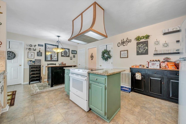 201 Jay Ridge Rd, Cloverdale, VA 24077 - kitchen featuring electric stove, green cabinetry, a kitchen island, dark cabinets, and hanging light fixtures